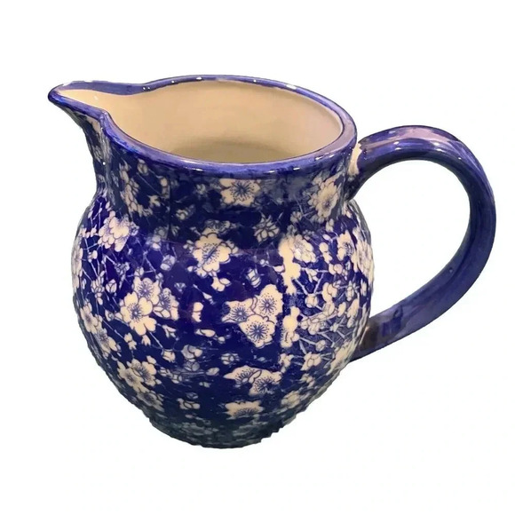 Vintage Victoria Ware Ironstone Pitcher Calico Blue White Floral Flow Blue 6in - Picture 1 of 10